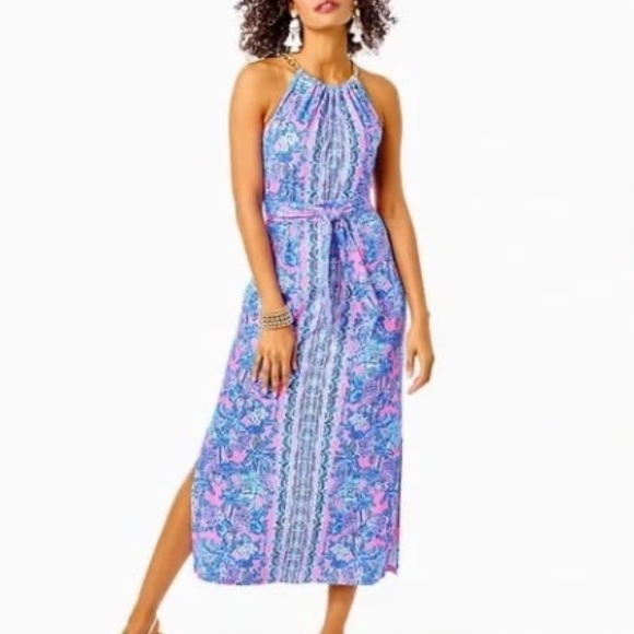 Lilly Pulitzer Bingham Halter Midi Dress Soleil Pink Palm Paradise Print XS